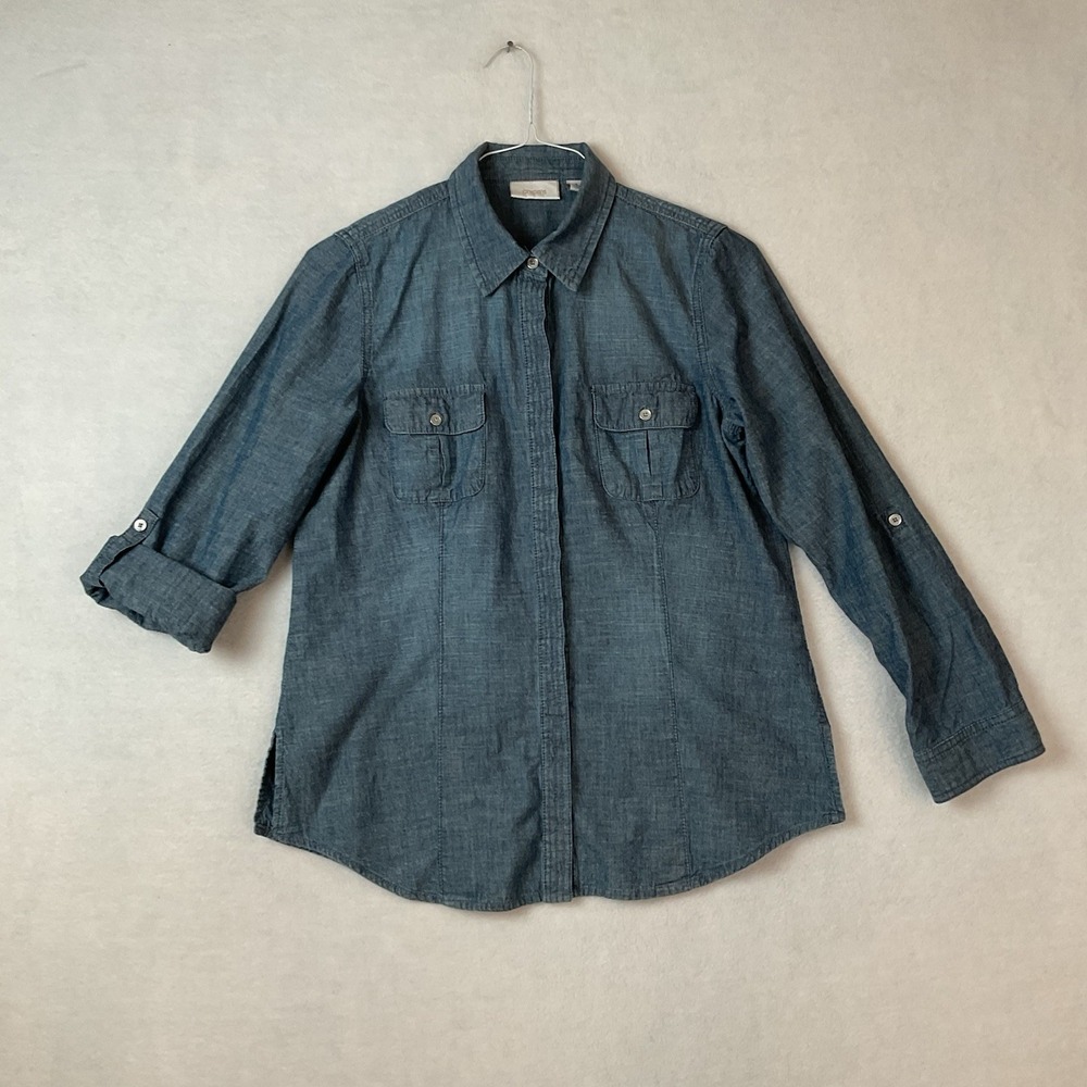 Chico's Shirt Size 1 Womens M Blue Chambray Roll Tab Long Sleeves Button‎ Front